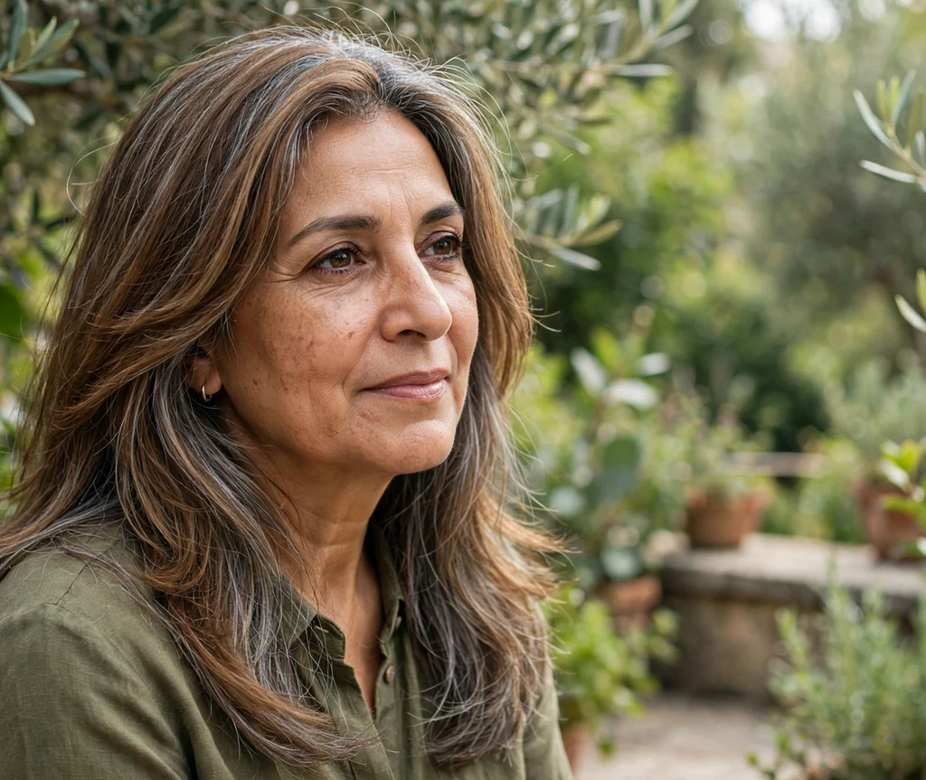 Middle Eastern woman in her early 50s with toffee-brown layered hair and silver lowlight grey blending strands, garden terrace background