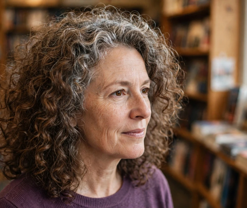 White woman in her mid 40s with sable-brown curly hair and a silver halo of grey blending highlights around the crown, bookstore background