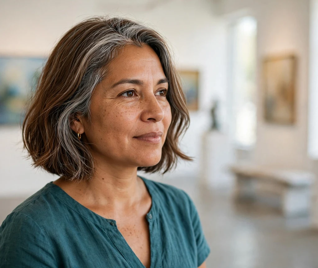Latina woman in her early 40s with a bronze-brown long bob and gray contour grey blending highlights framing her face, art gallery background