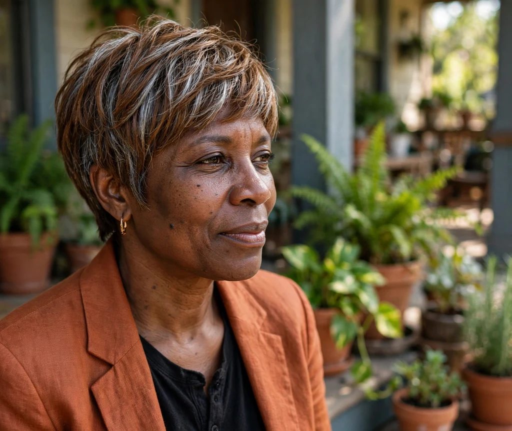 Black woman in her late 40s with a walnut-brown short feathered pixie cut and silver streak grey blending highlights, front porch background
