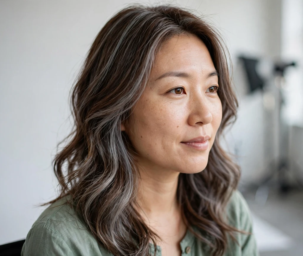 East Asian woman in her early 30s with long cocoa-brown hair and airtouch-technique diffused grey blending highlights, bright photo studio background
