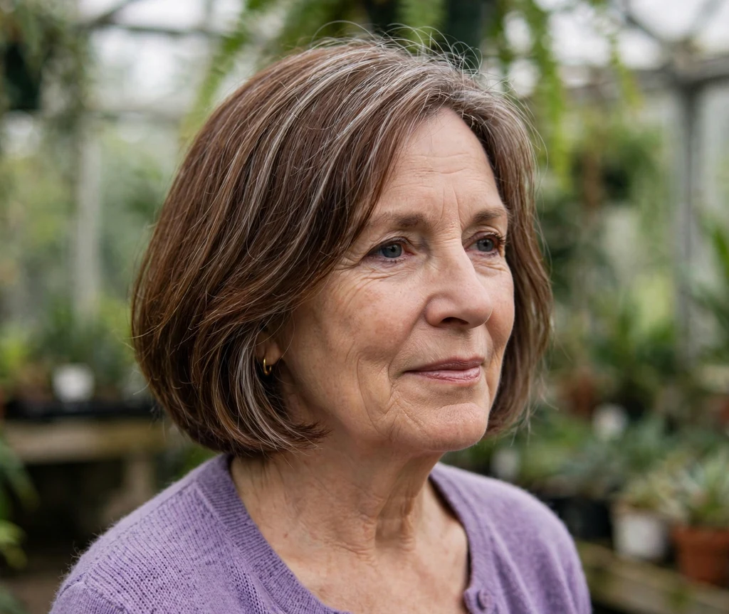 White woman in her early 60s with a mahogany-brown chin-length bob and fine silver babylight grey blending highlights, greenhouse background