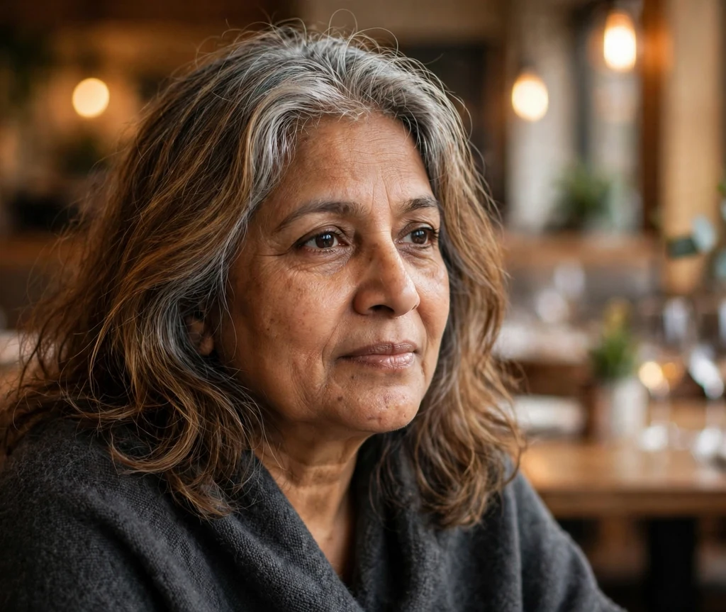 South Asian woman in her early 50s with truffle-brown hair and reverse balayage silver-grey blending at the roots melting into brown lengths, restaurant background