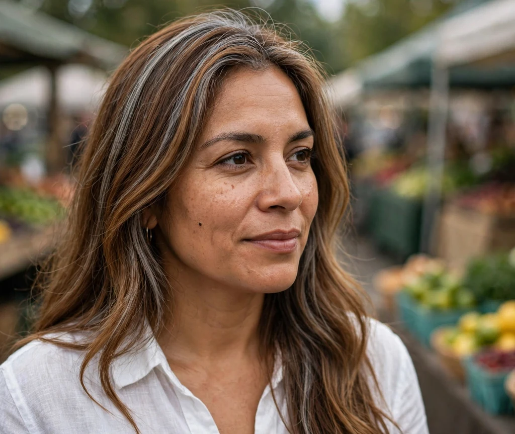 Latina woman in her mid 30s with long honey-brown hair and gray slice grey blending highlight panels, farmers market background