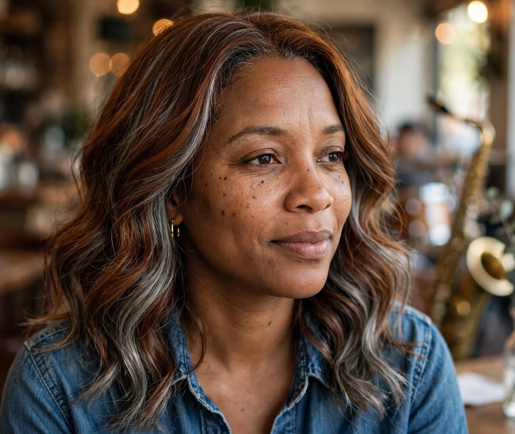 Black woman in her mid 30s with cola-brown loose waves and softly blended gray ends, jazz cafe background