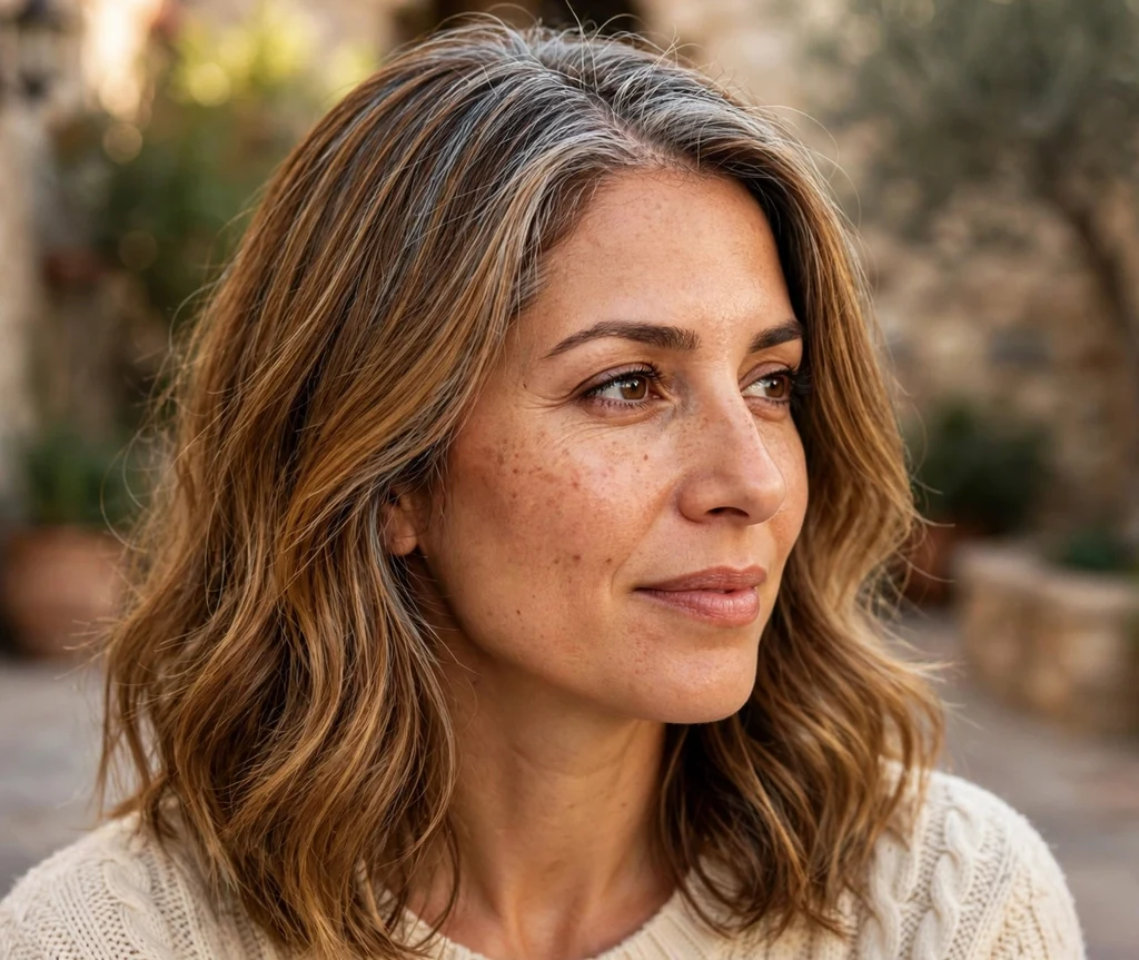Middle Eastern woman in her mid 30s with malt-brown shoulder-length hair and a gray root melt grey blending from the part, sunny courtyard background