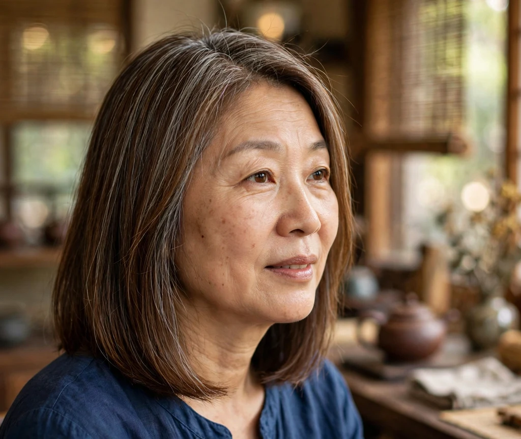 East Asian woman in her late 40s with an umber-brown straight lob and fine gray micro-foil grey blending highlights, tea house background
