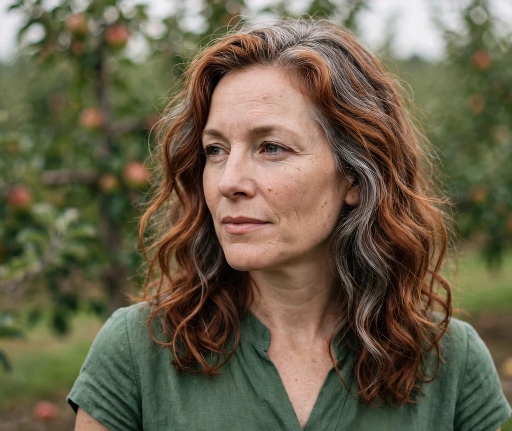 White woman in her early 40s with copper-brown wavy hair and gray glaze grey blending highlight ribbons, apple orchard background