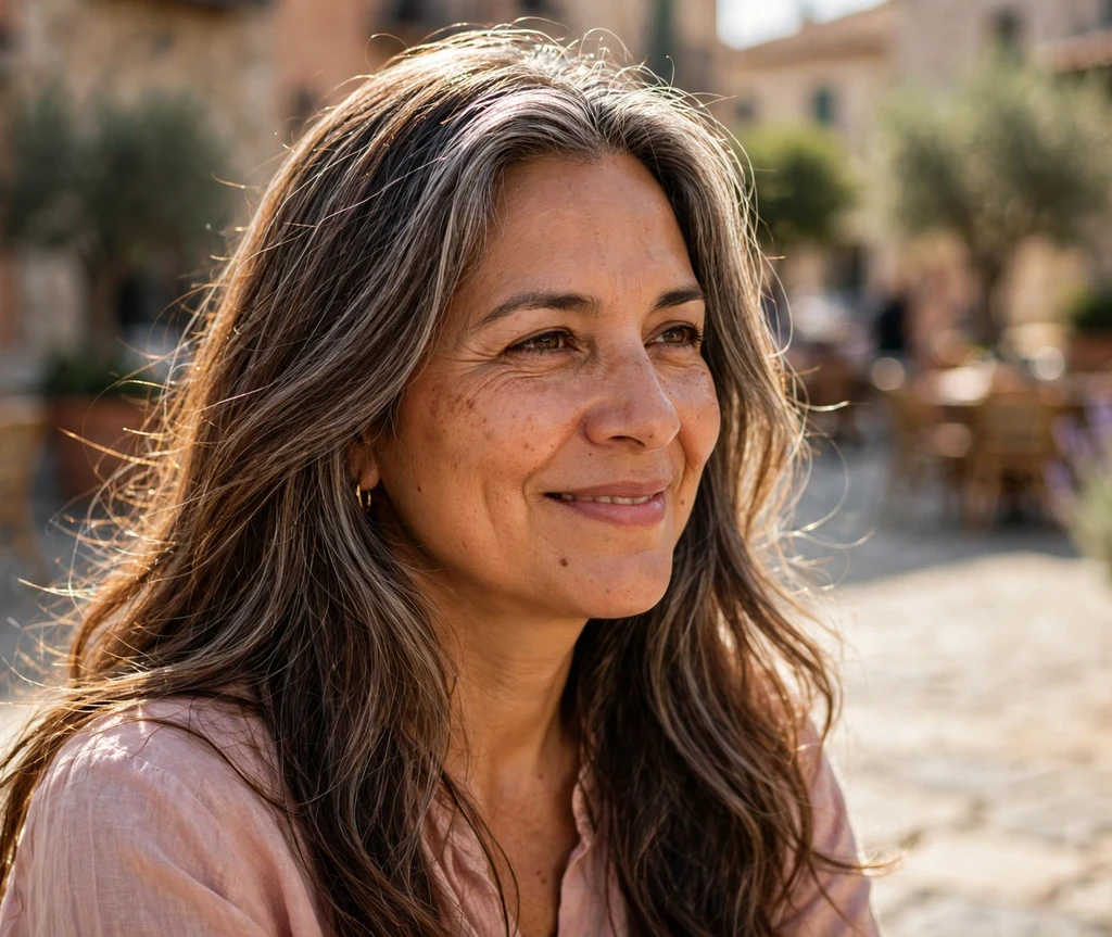 Latina woman in her early 50s with long fudge-brown hair and gray ribbon balayage sweeps, Mediterranean-style plaza background