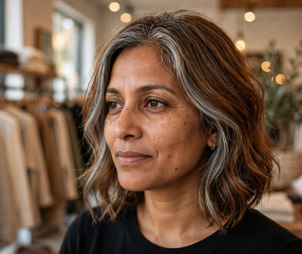 South Asian woman in her late 30s with nutmeg-brown medium hair and bold silver face-framing grey blending highlight pieces, boutique interior background