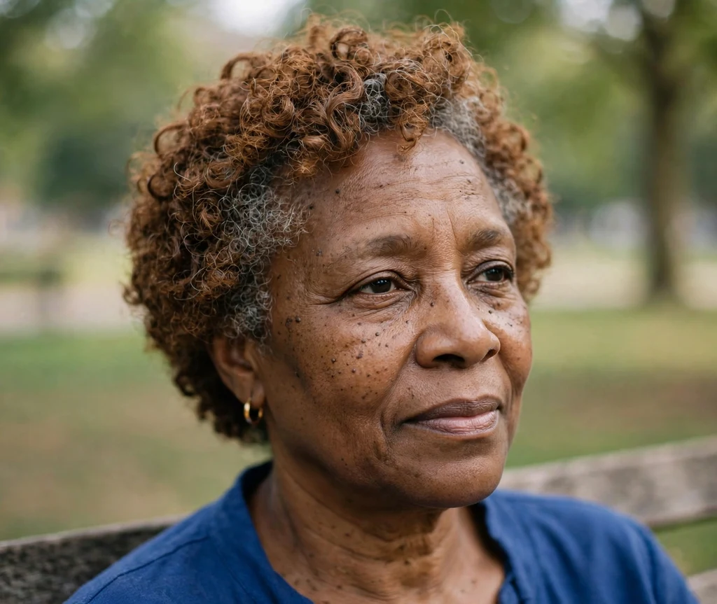 Black woman in her early 60s with a burnt-caramel-brown short curly crop and gray teasylight grey blending highlights, park bench background