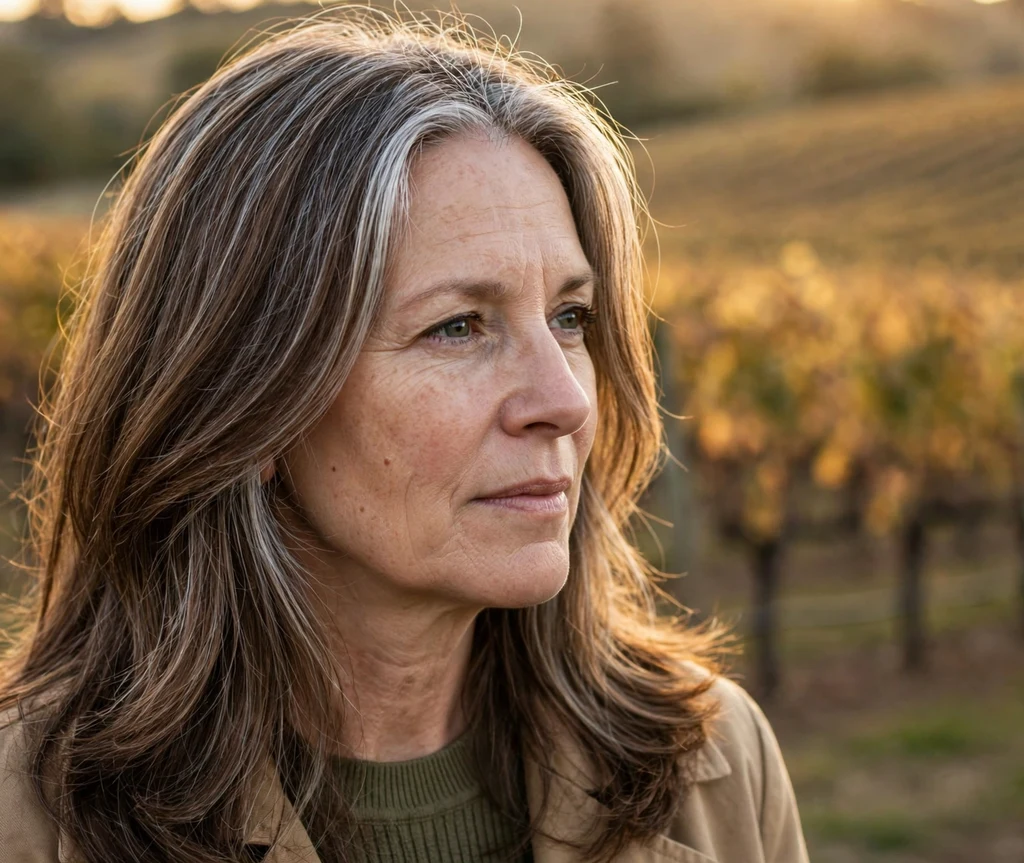 White woman in her mid 50s with alder-brown long layered hair and a gray root shadow grey blending technique, vineyard background