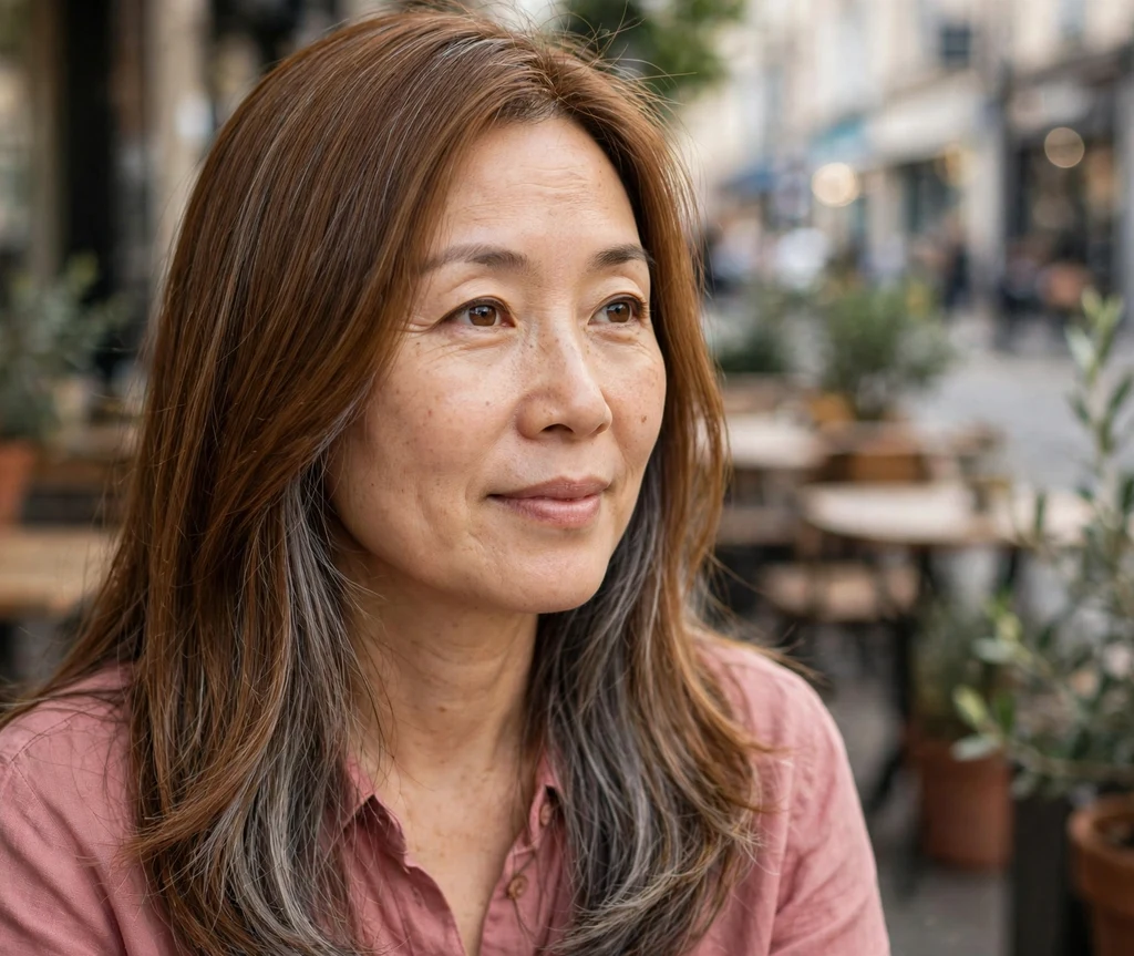 East Asian woman in her early 40s with praline-brown straight hair and hidden gray peekaboo grey blending panels underneath, street cafe background