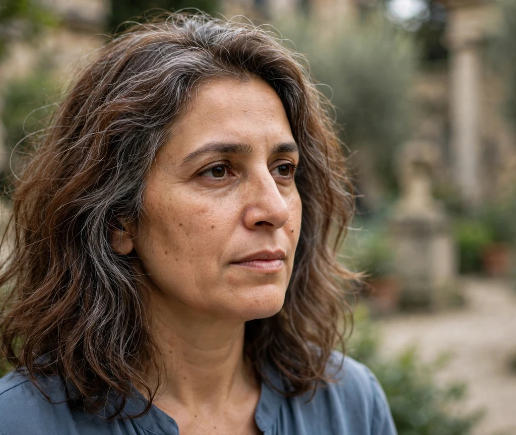 Middle Eastern woman in her mid 40s with smoky chestnut-brown wavy hair and diffused gray grey blending throughout, museum garden background