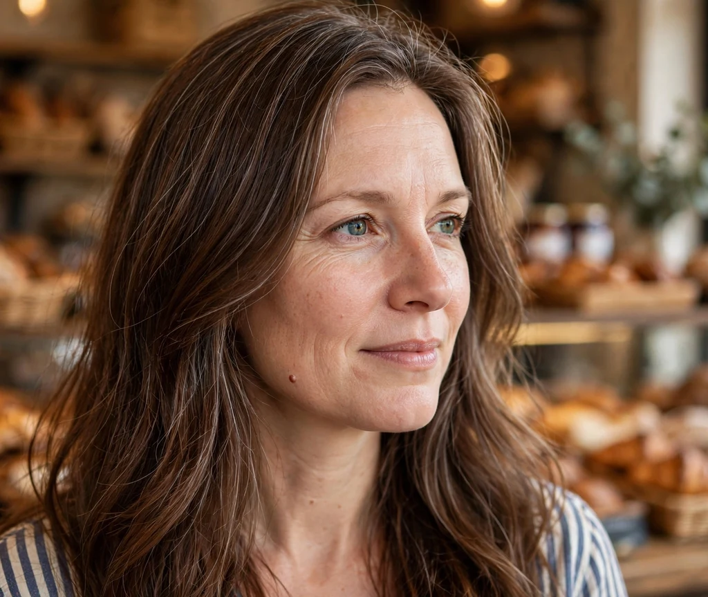 White woman in her late 30s with long roast-chestnut-brown hair and fine silver thread grey blending highlights, bakery background
