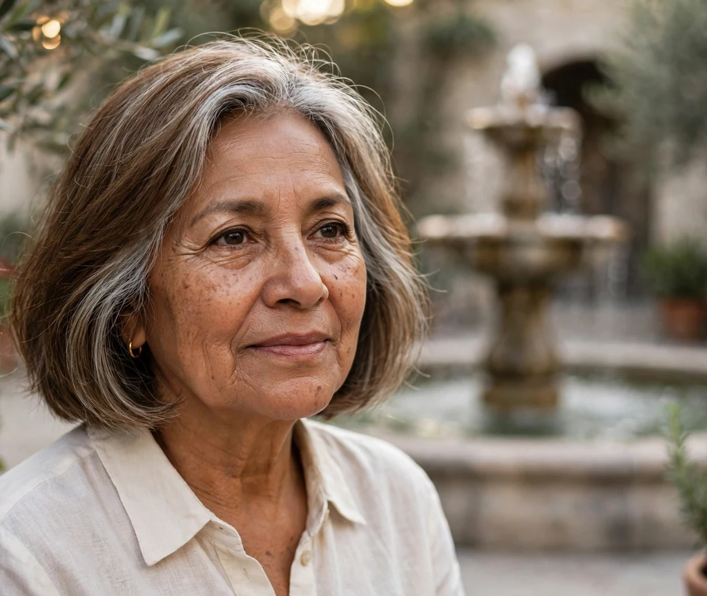 Latina woman in her early 60s with a sepia-brown chin-length bob and silver halo grey blending highlights, courtyard fountain background