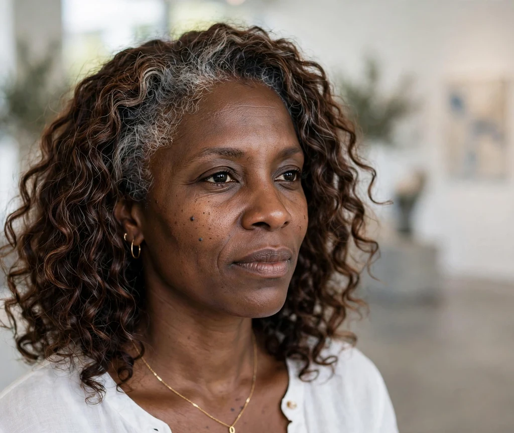 Black woman in her late 30s with molasses-brown defined curls and silver contour grey blending highlights along the hairline, modern gallery background