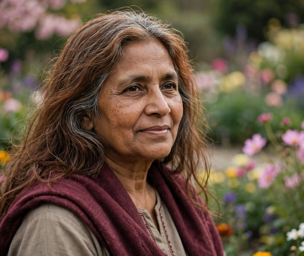 South Asian woman in her early 60s with long cacao-brown hair and woven gray grey blending highlight strands, blooming flower garden background