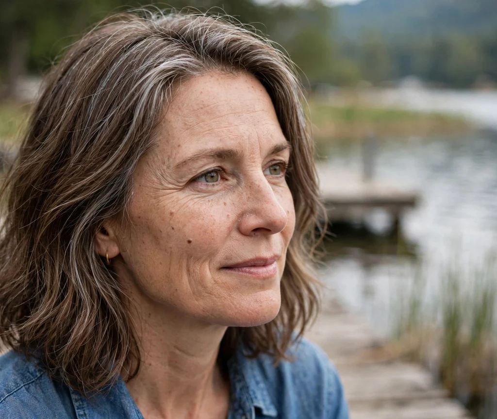 White woman in her mid 40s with a bark-brown textured lob and gray featherlight grey blending highlights, lakeside dock background