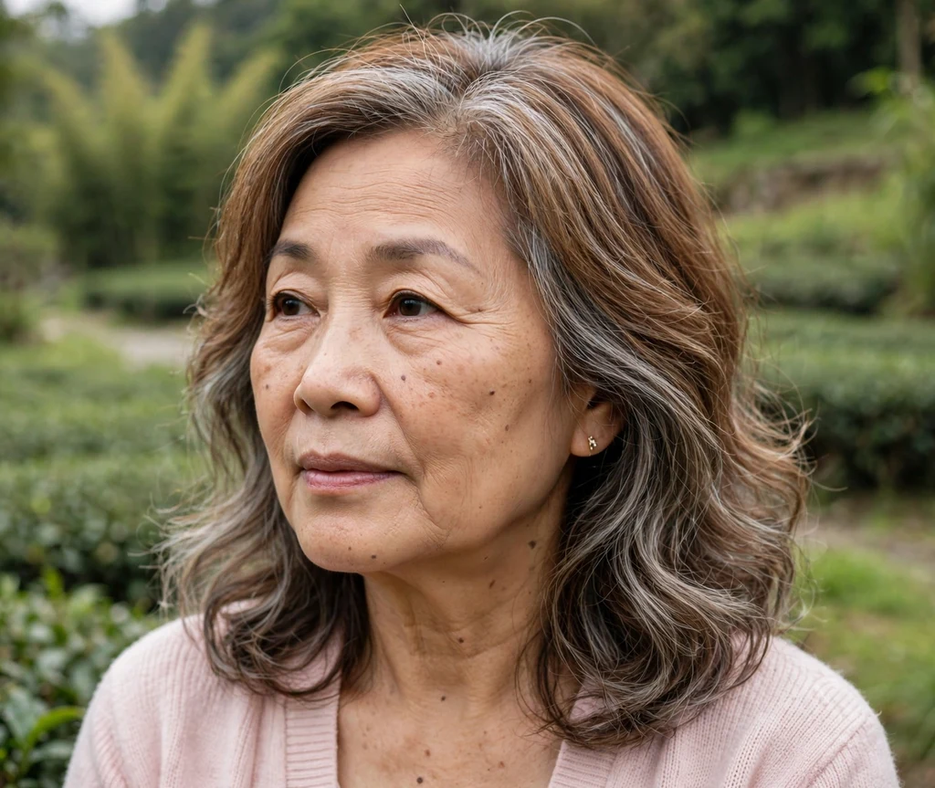 East Asian woman in her early 60s with tawny-brown soft waves and silver-kissed grey blending ends, tranquil tea garden background