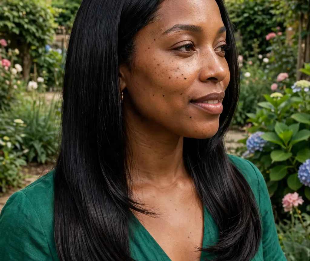 Woman with sleek glossy jet-black hair styled in a smooth silk blowout