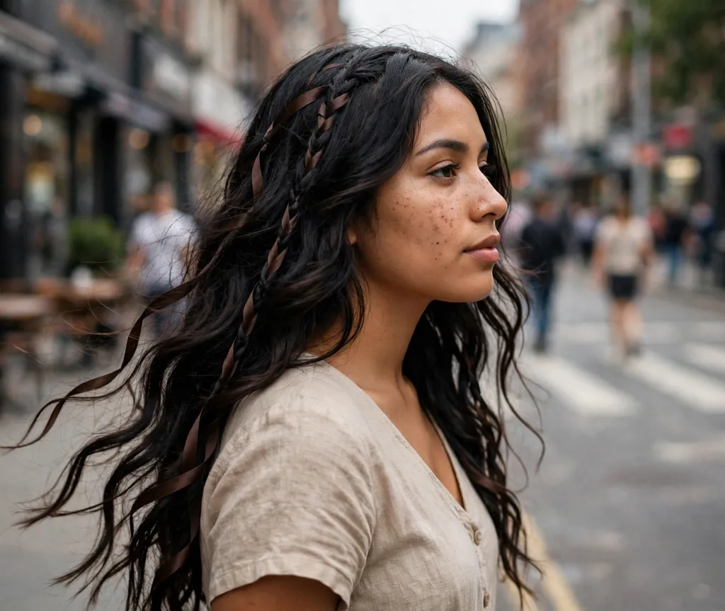 Woman with black hair woven with soft espresso ribbon highlights