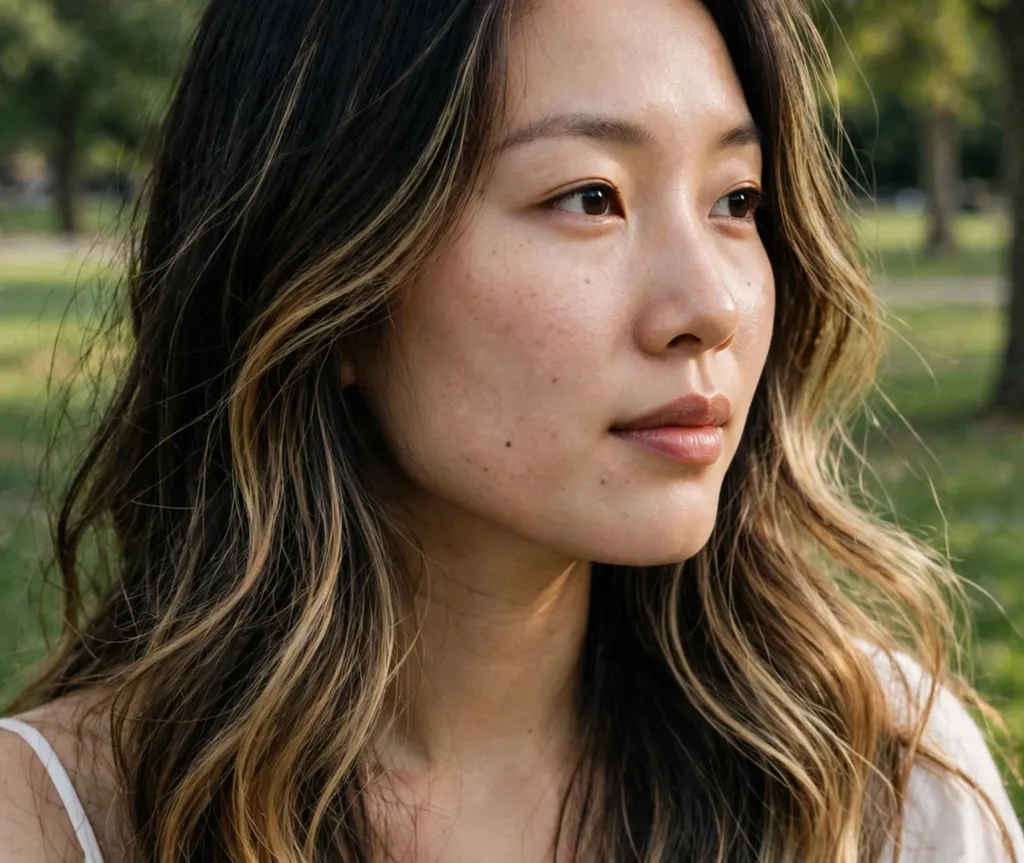 Woman with black hair swept with warm honey balayage through loose waves