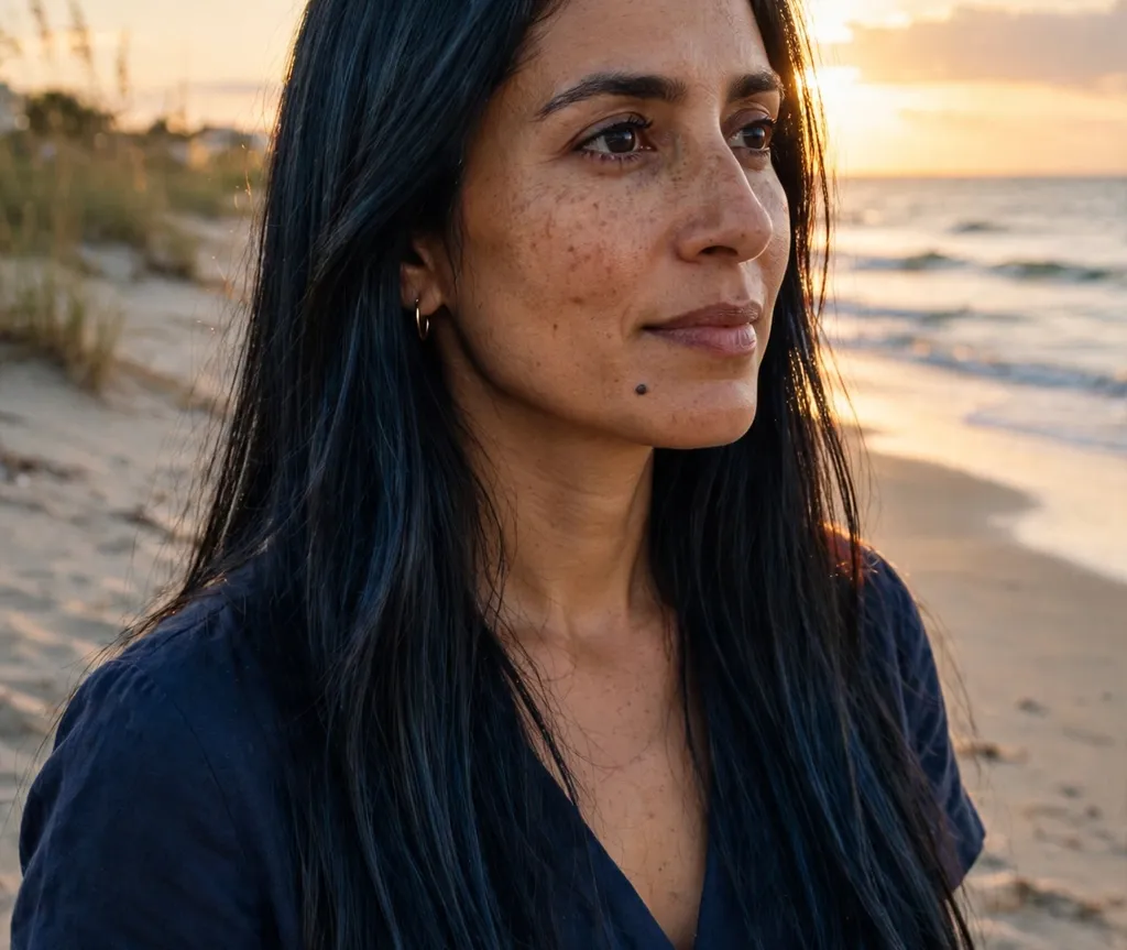 Woman with blue-black hair glowing with cool midnight shine
