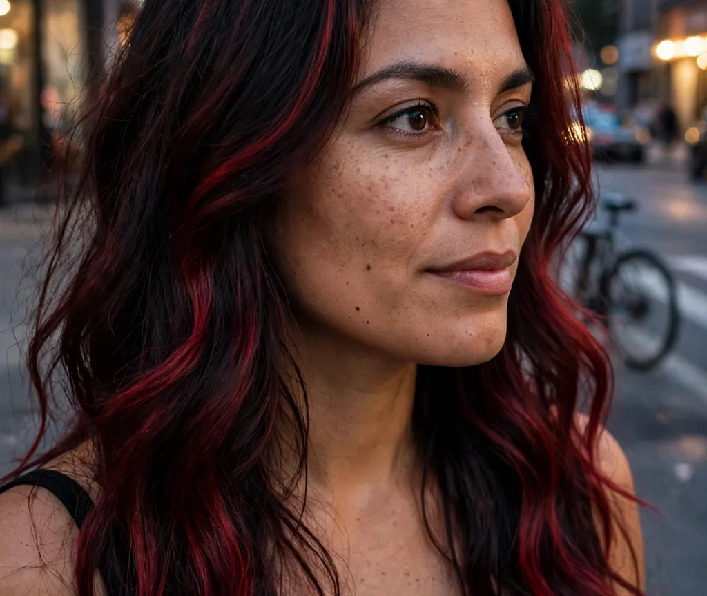 Woman with black hair kissed with cherry cola red glow