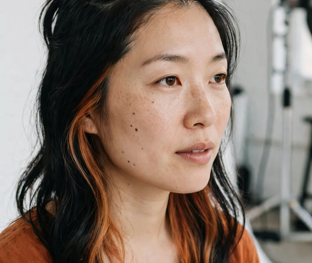 Woman with black hair revealing subtle copper underlights