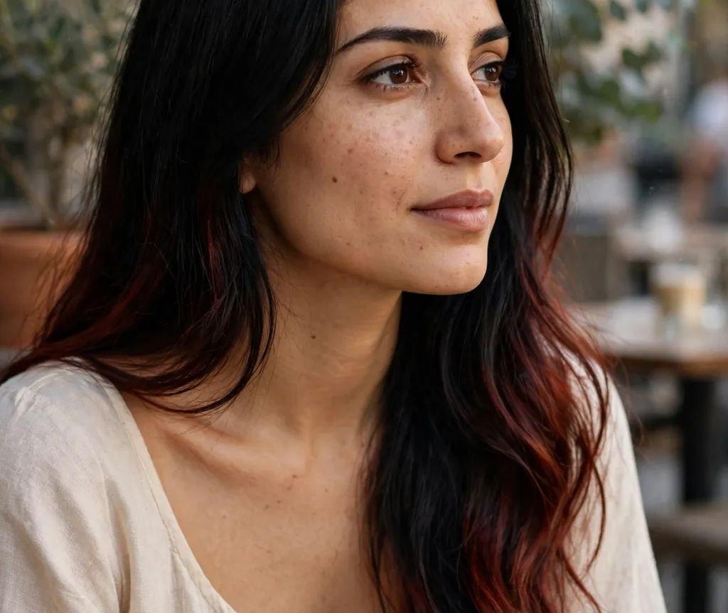 Woman with black hair melting into deep auburn ombre ends
