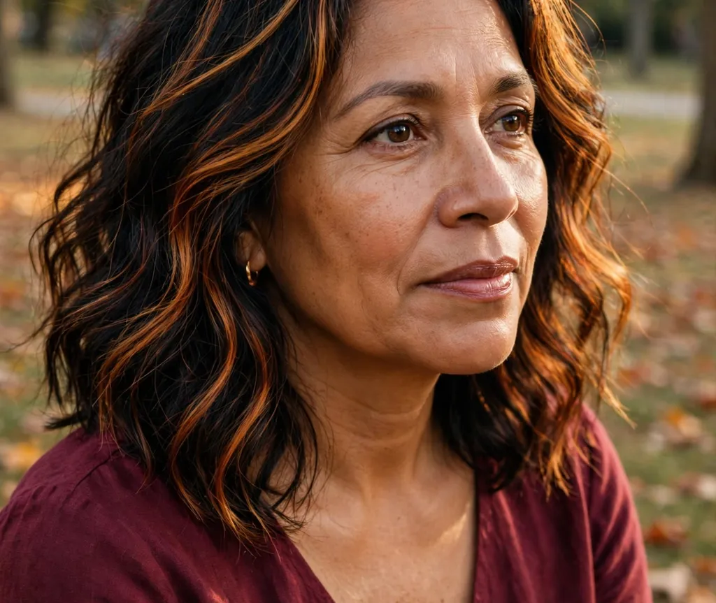 Woman with black hair streaked with warm cinnamon spice tones