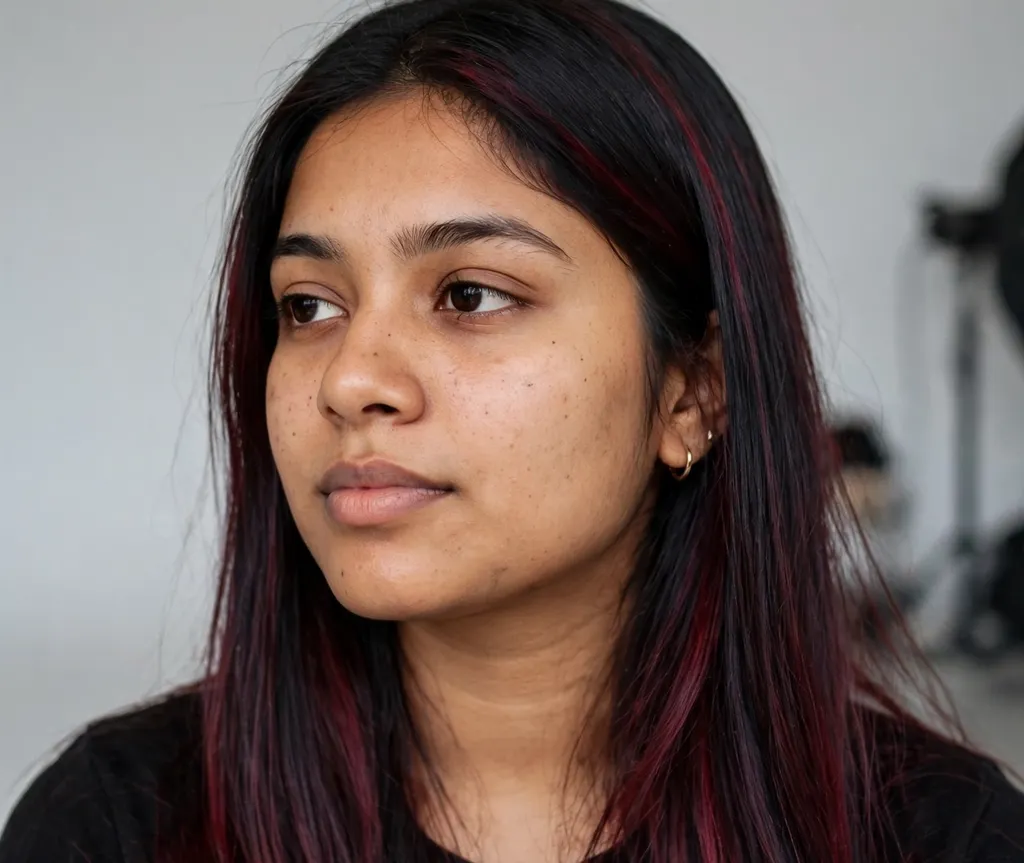 Woman with black hair washed with a soft burgundy tint