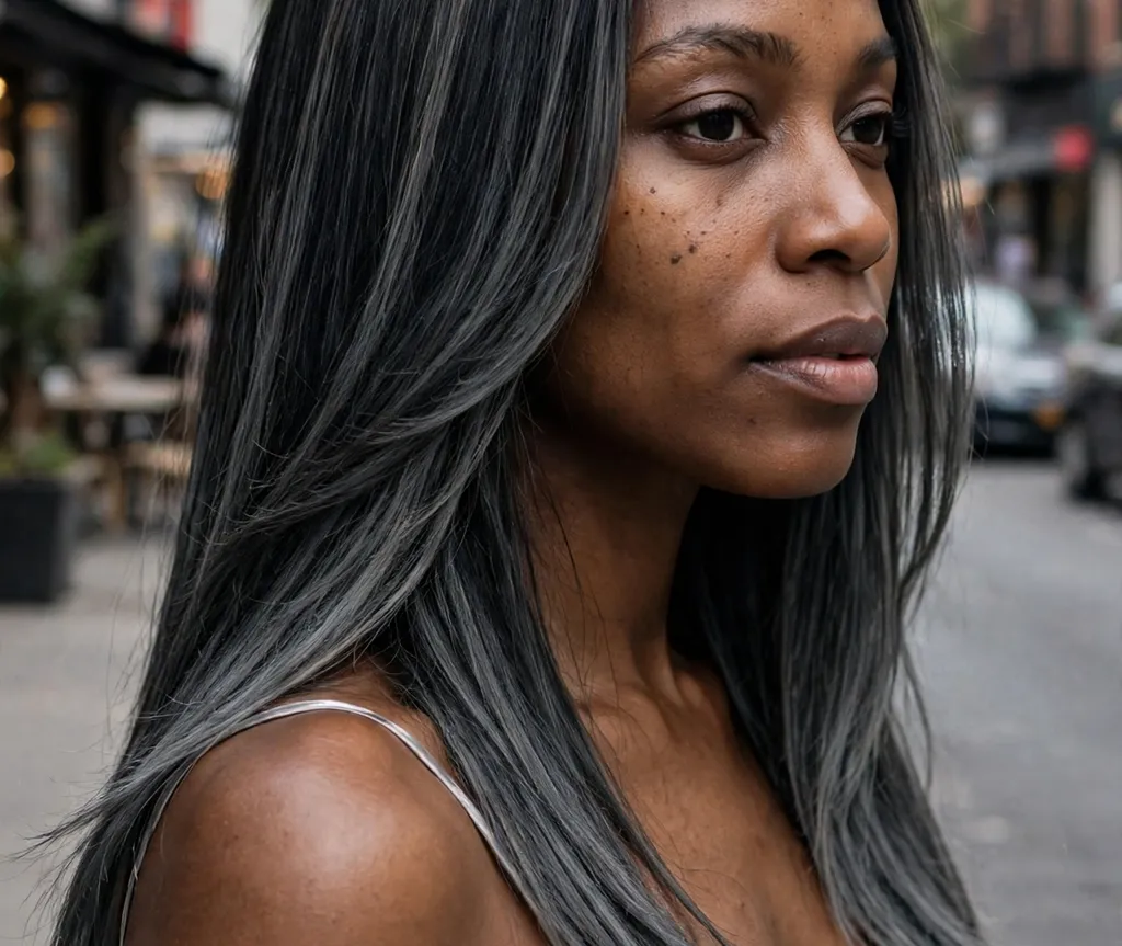Woman with black hair blended with cool smoky charcoal tones