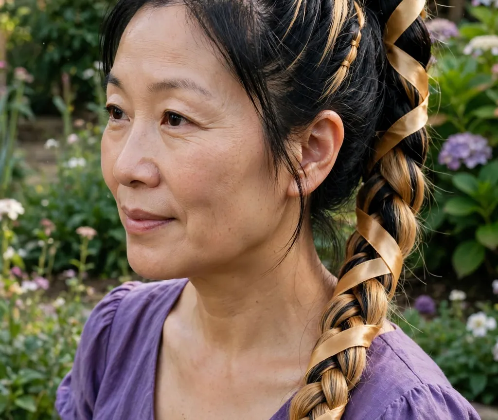 Woman with black hair ribboned with golden toffee highlights