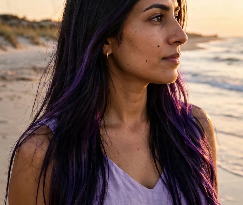 Woman with black hair carrying a violet-black tint in the light