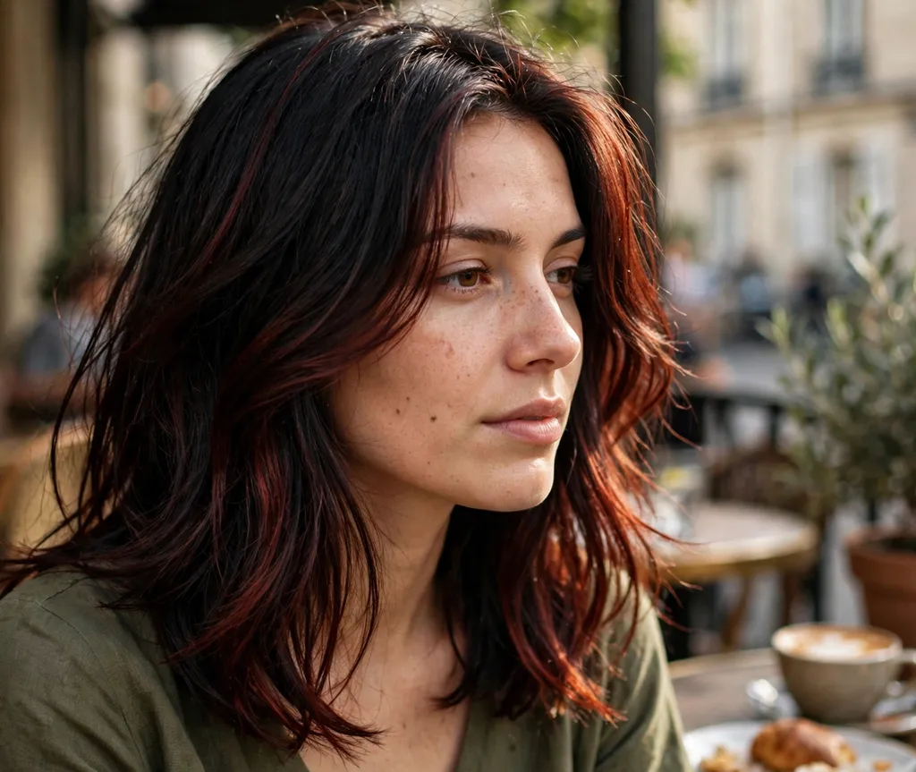 Woman with layered black hair glowing with rich mahogany color