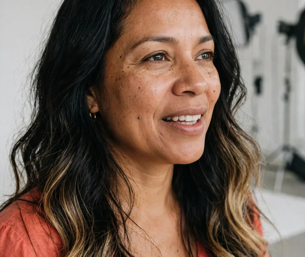 Woman with black hair fading into honey-blonde balayage ends