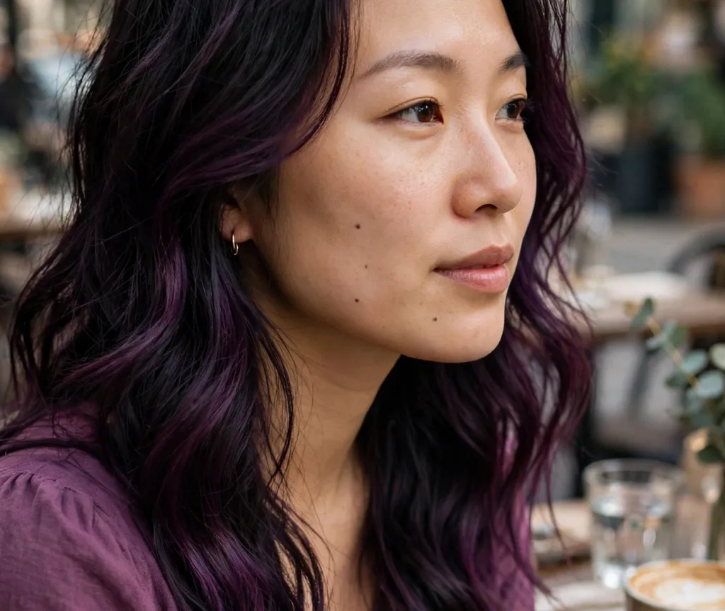 Woman with wavy black hair tinted with dark plum color