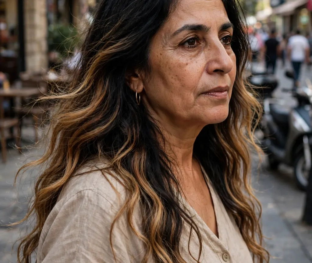 Woman with black hair melted into bronde tones through the lengths
