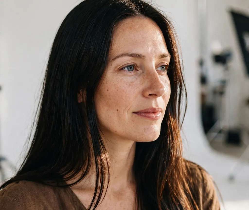 Woman with black hair glowing with warm sable shimmer