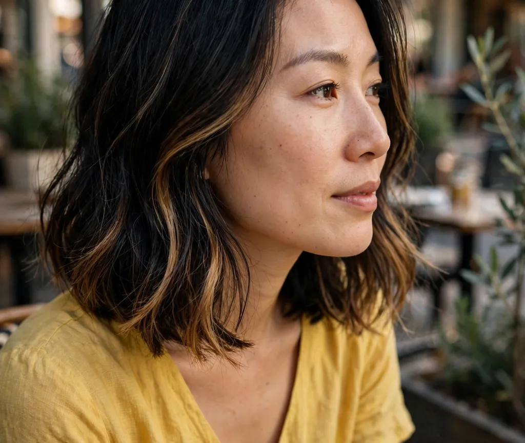 Woman with a black lob styled with caramel balayage pieces
