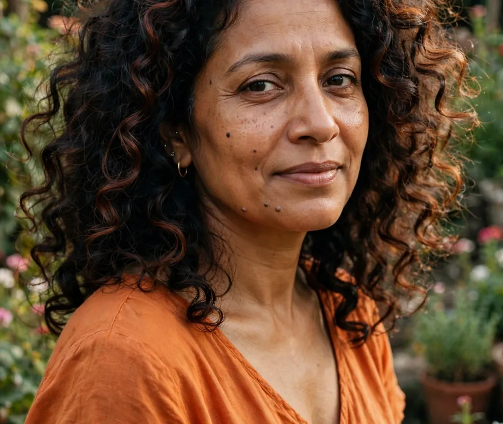 Woman with black curly hair enriched with deep cocoa tones