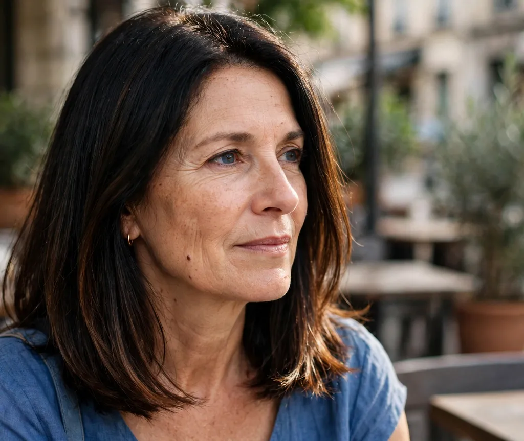 Woman with black hair radiating warm walnut shine