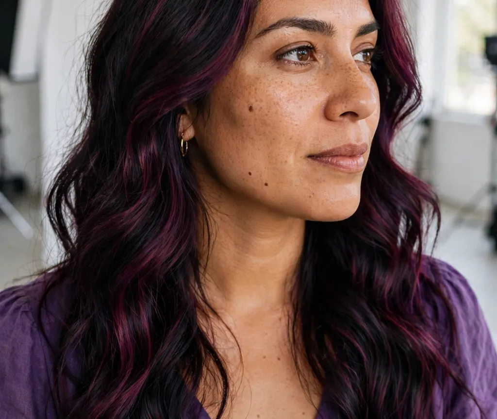 Woman with black hair carrying a rich blackberry tint