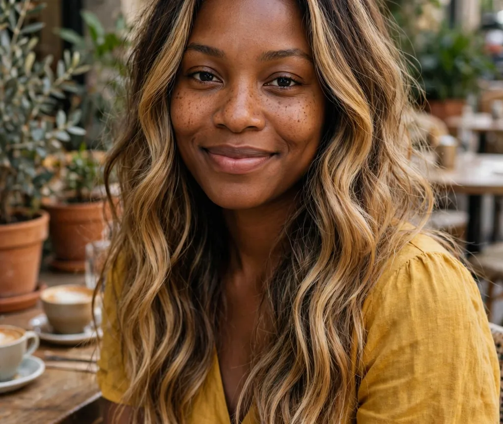 Black woman in her 30s with honey blonde balayage long wavy hair, smiling in a garden