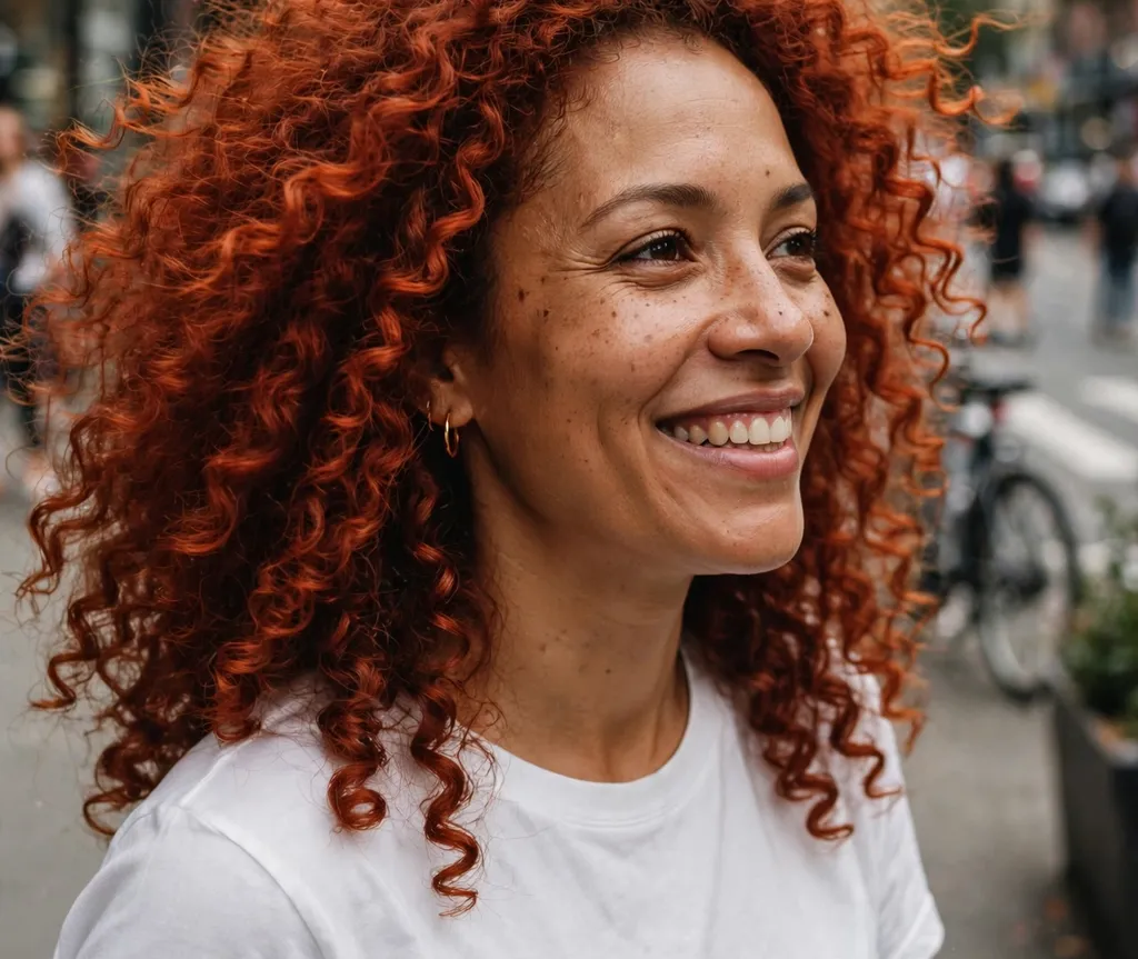 Afro-Latina woman with rich copper curly hair, brown skin glowing, city street background