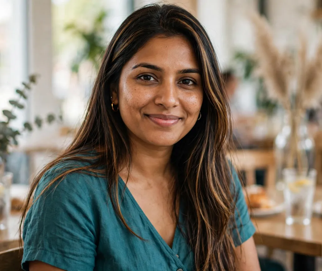 South Asian woman with caramel highlights on dark chocolate brown hair, wearing teal dress in a cafe