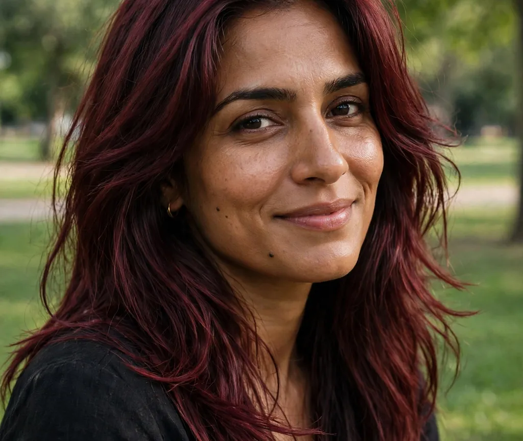 Middle Eastern woman with warm burgundy long layered hair, deep brown skin, park background