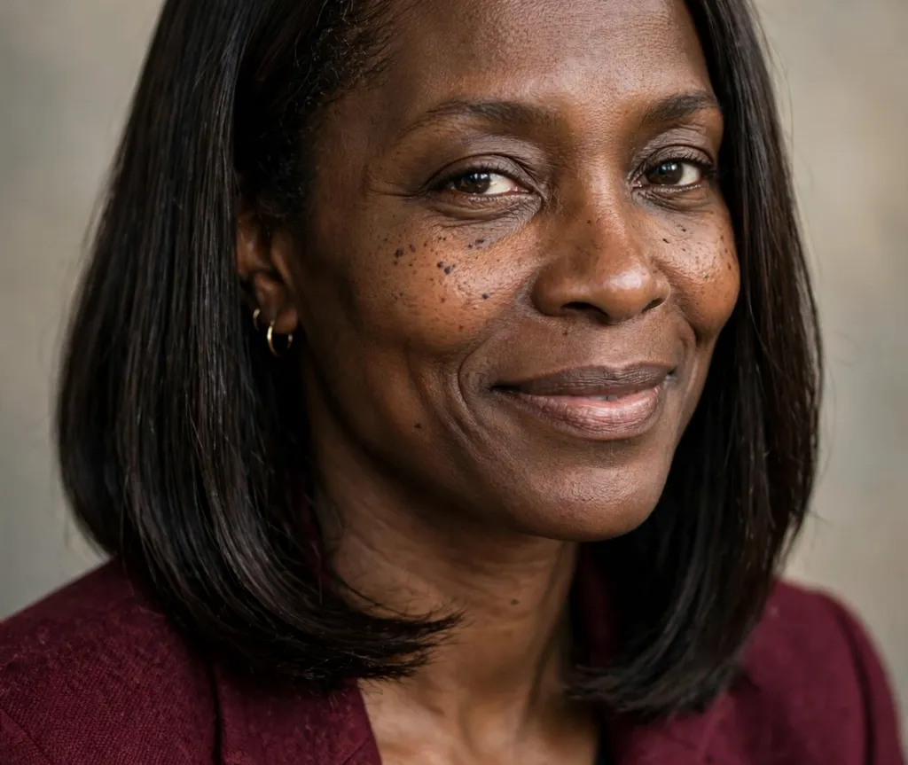 Black woman with deep espresso brown lob haircut, elegant studio portrait